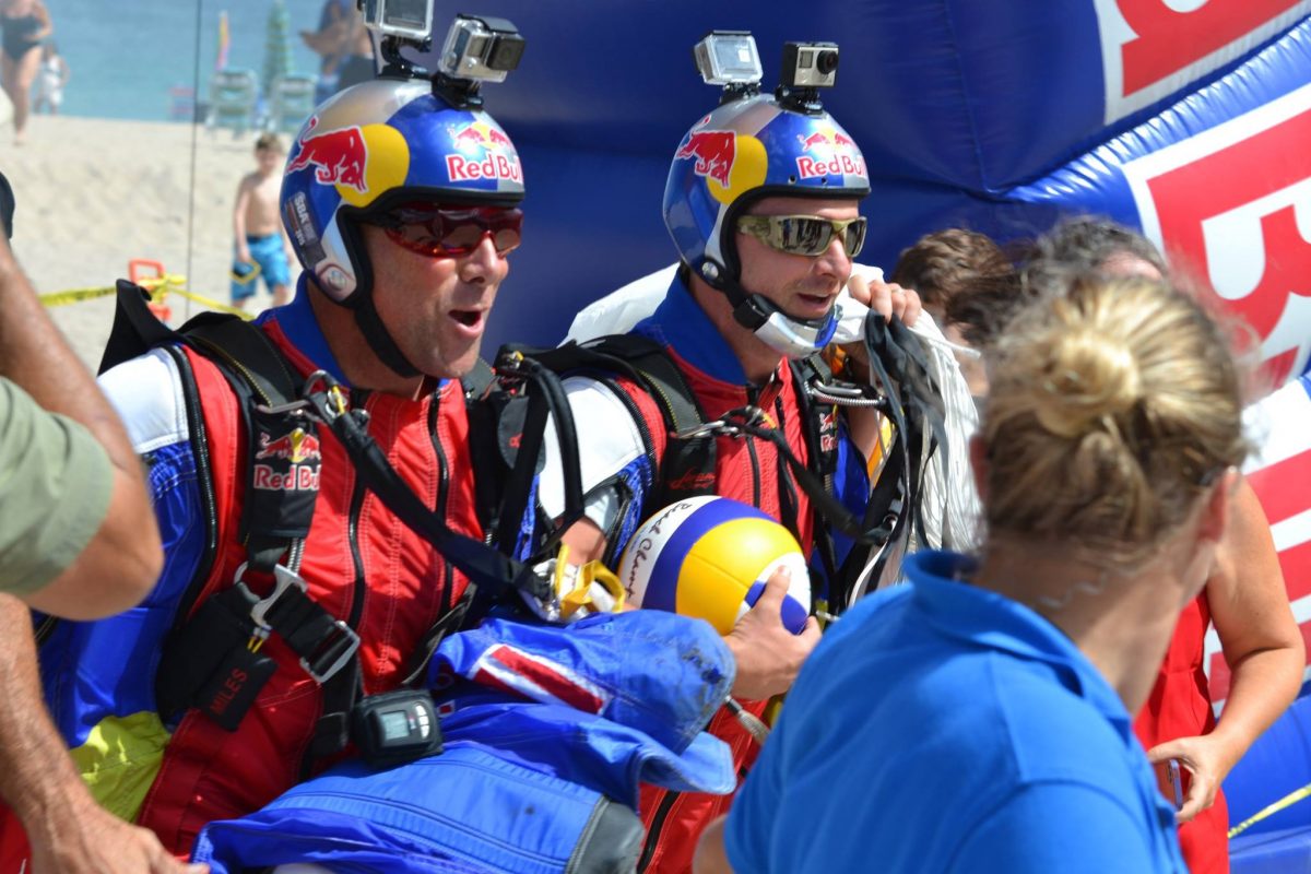 A Zoomed in shot of Miles Daisher walks from the landing area having made a jump in front of a big crowd.