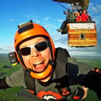 James Macca Macdonald exiting a hot air balloon for a skydive.