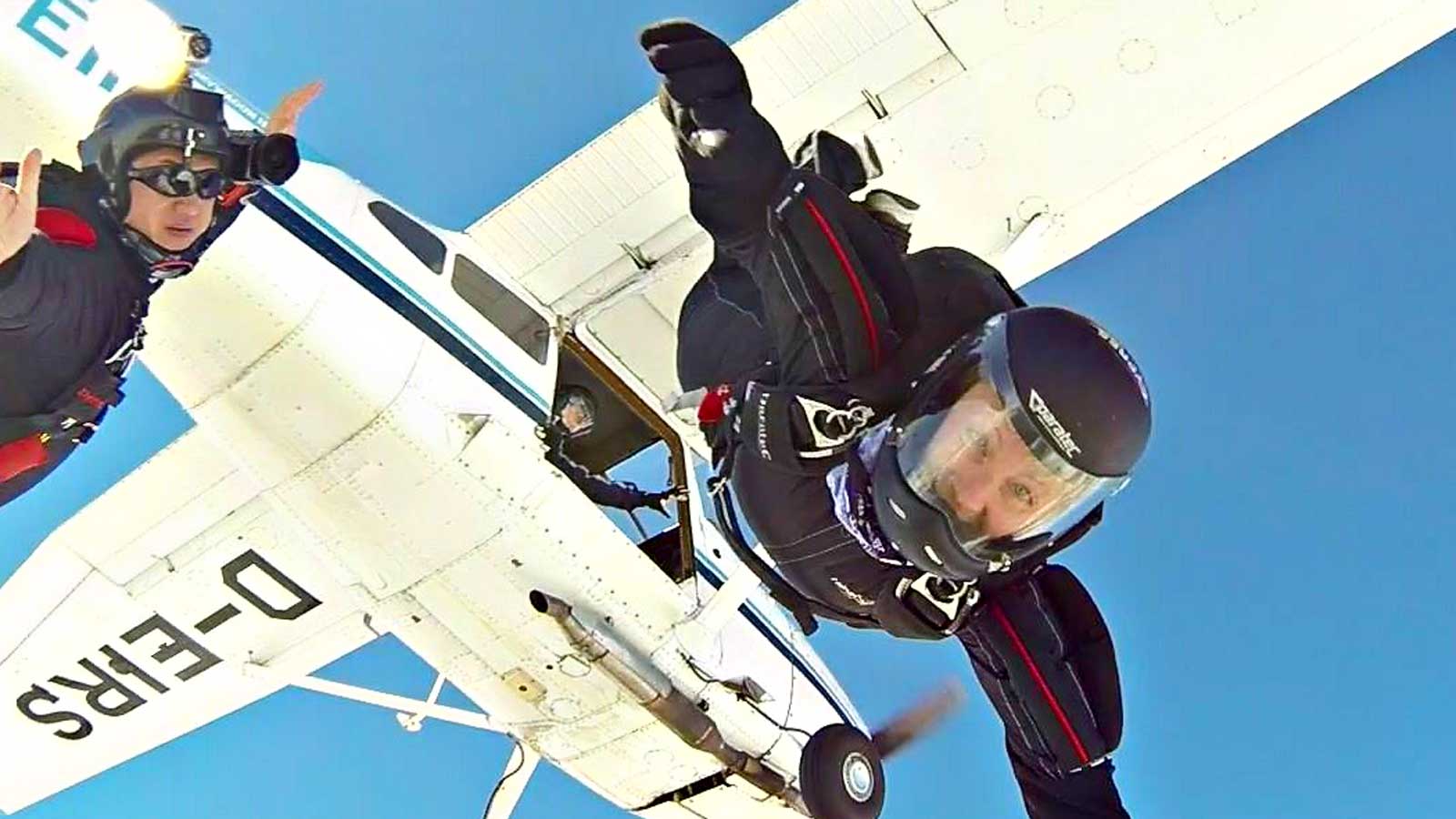 Jacky skydiving with friends from a Cessna 180 in 2016