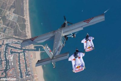 Wingsuit skydivers Fred Fugen and Vince Reffet approaching the jumpplane