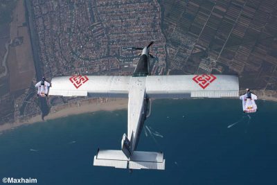 Wingsuit skydivers Fred Fugen and Vince Reffet side by side to the jumpplane