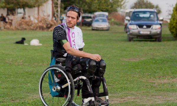 Alex Feteros in his wheelchair before a skydive.