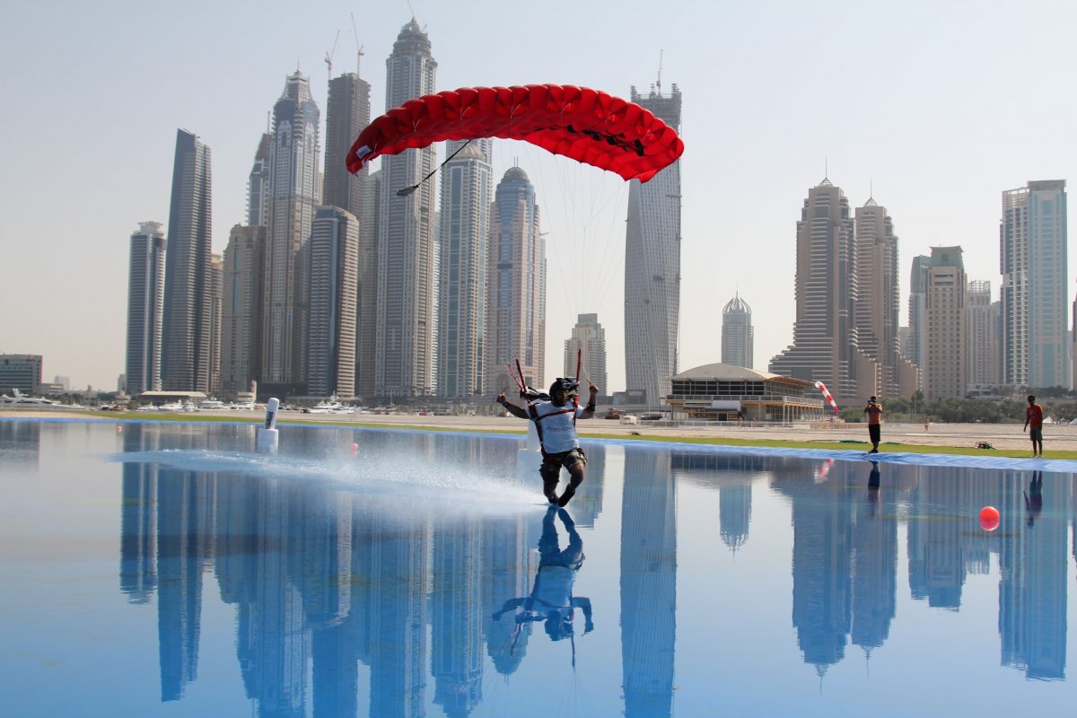 Omar Alhegelan swooping across the pond at Skydive Dubai