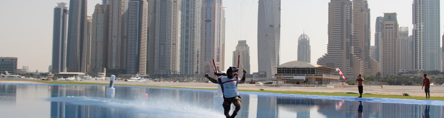 Omar Alhegelan swooping across the pond at Skydive Dubai