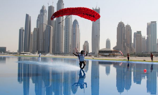 Omar Alhegelan swooping across the pond at Skydive Dubai