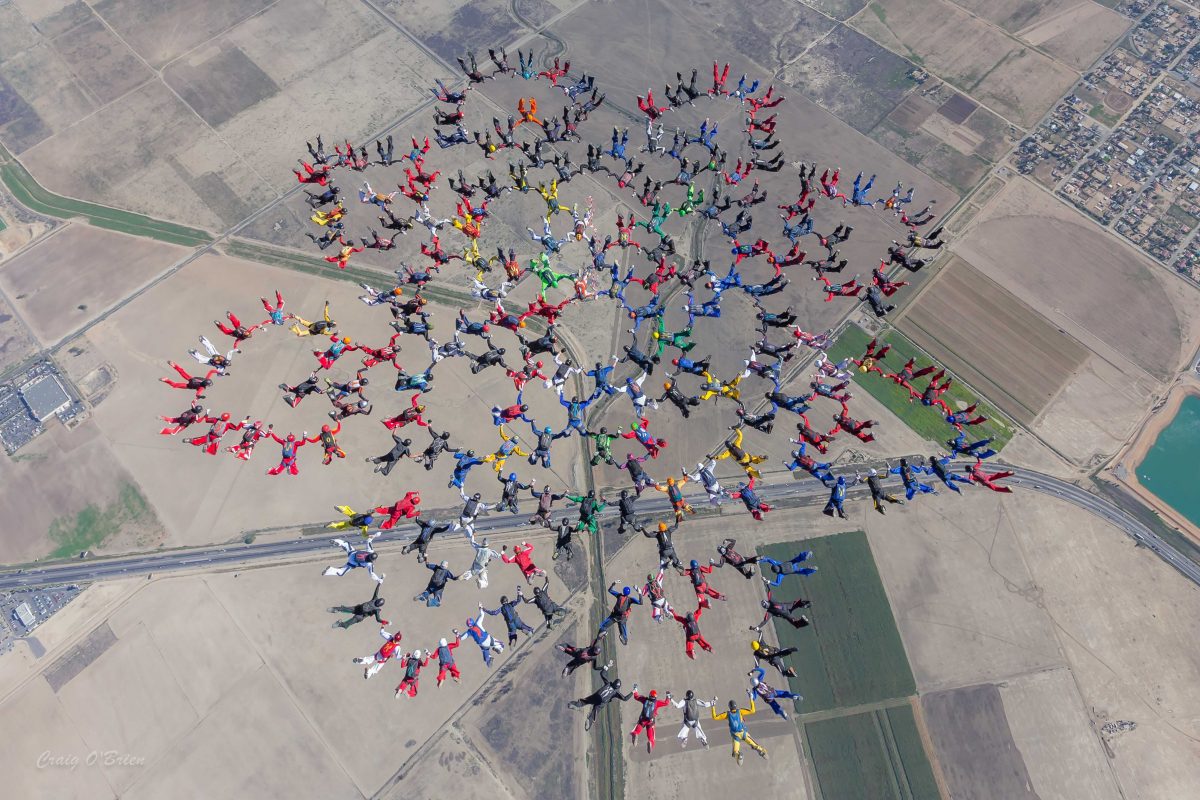 A photo of a large formation skydiving bigway