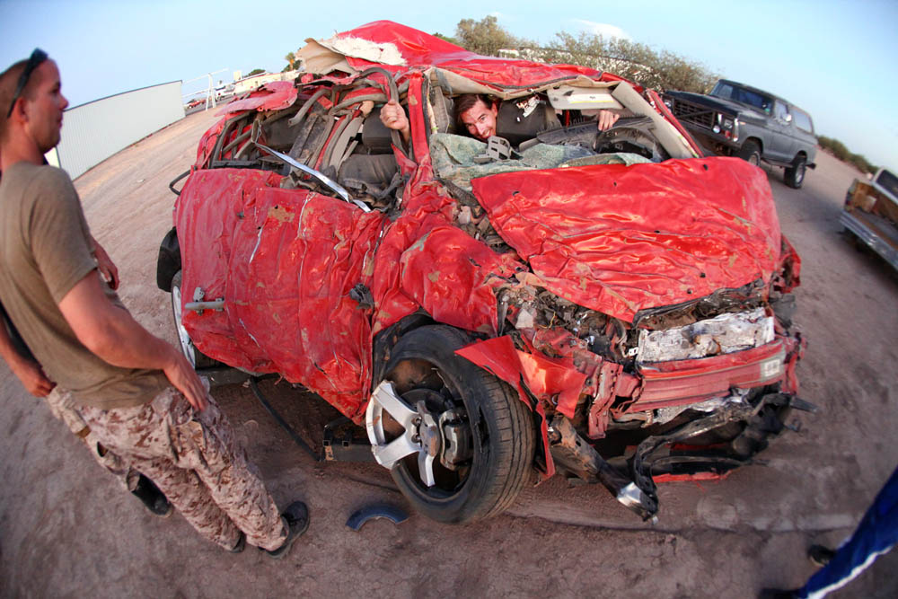 A Chevy Sonic smashed in the desert