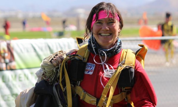 Lesley Gale smiles after a jump