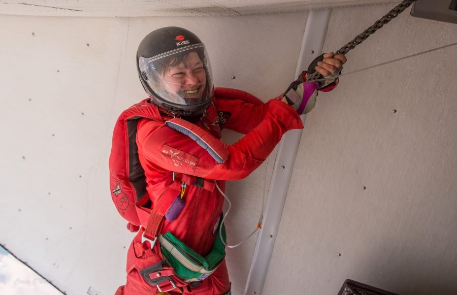 Lesley prepares to exit from an aircraft